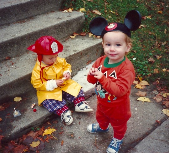 From left, Spencer the Firefighter and Harry the Chipmunk Mouse. Halloween 1991